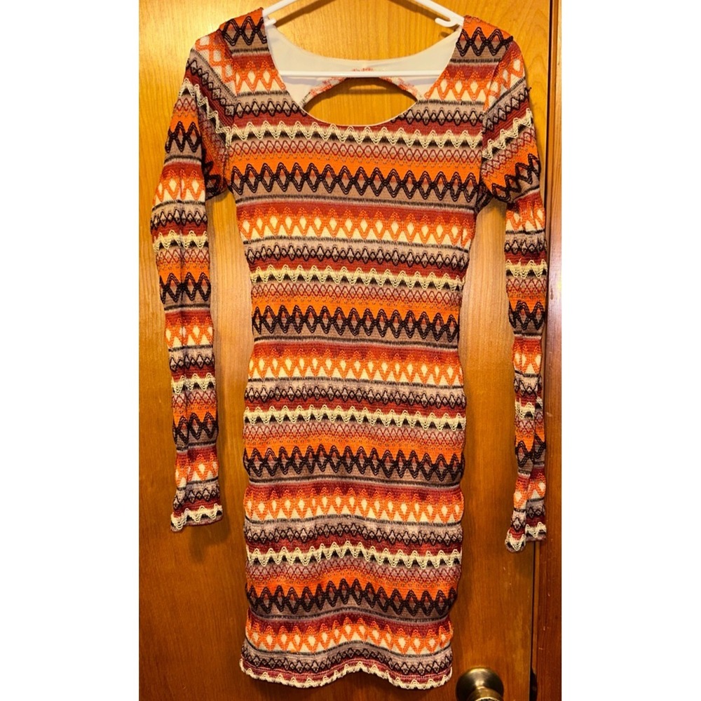 Ruby Rox Long Sleeve Chevron Pattern Bodycon Knit Boho Festival Dress Medium